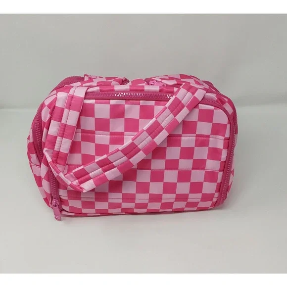 Pink Checkered Makeup Bag Travel Organizer Cosmetic Case Multi-Compartment - Picture 3 of 8